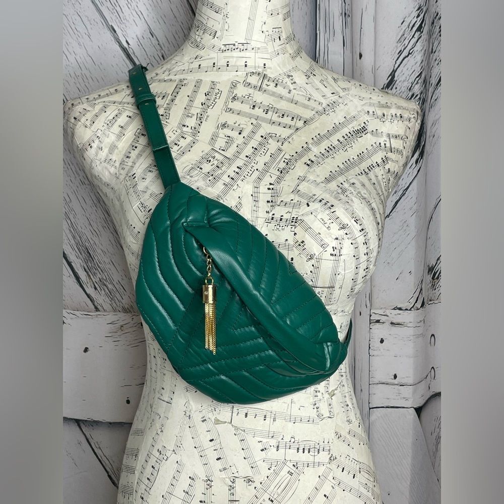 Dark Green Mini Crossbody Sling Bag Gold Tassel Zipper Pull